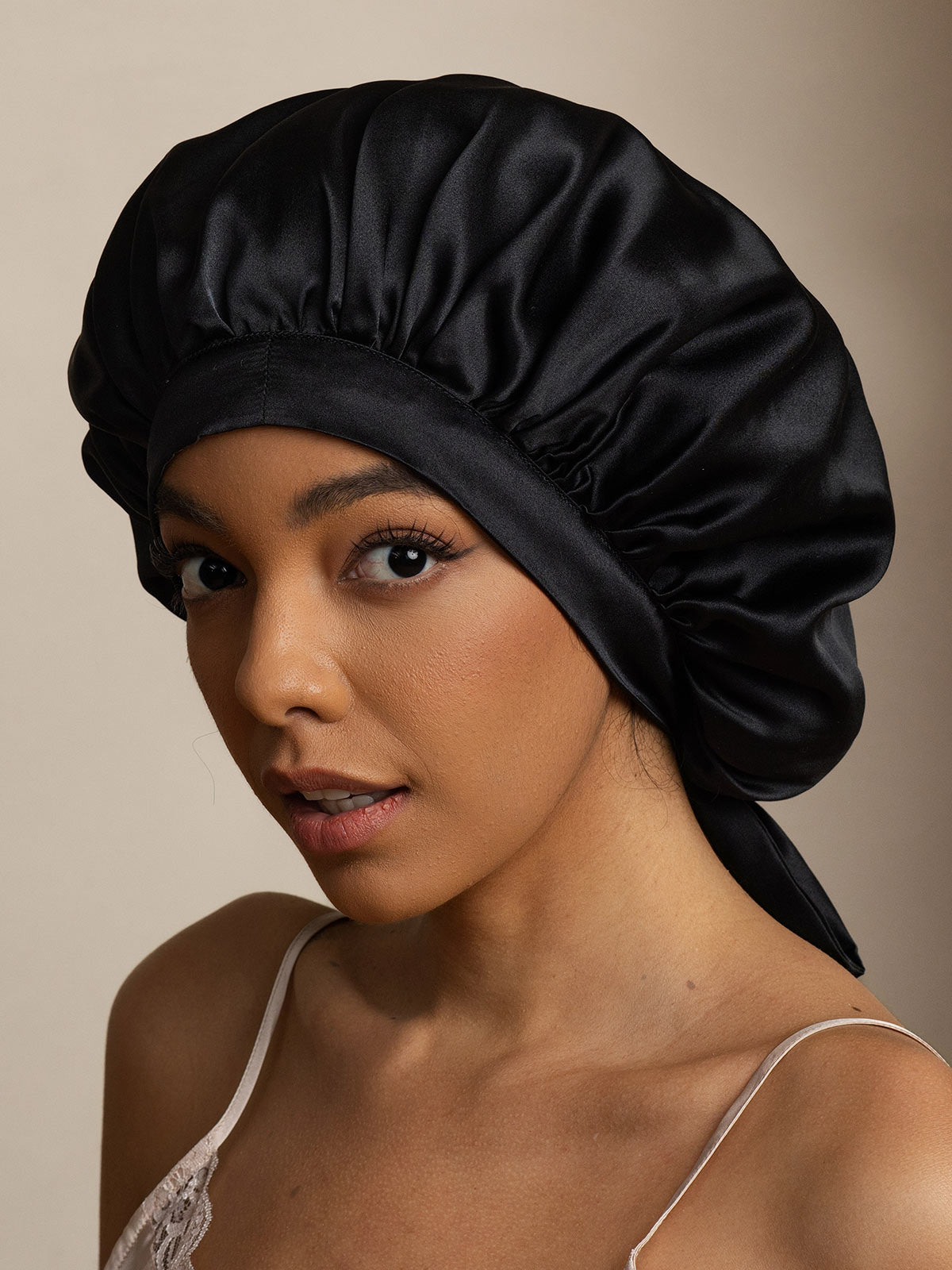 [Black] SilkSilky-CA Pure Silk Sleep Cap 001