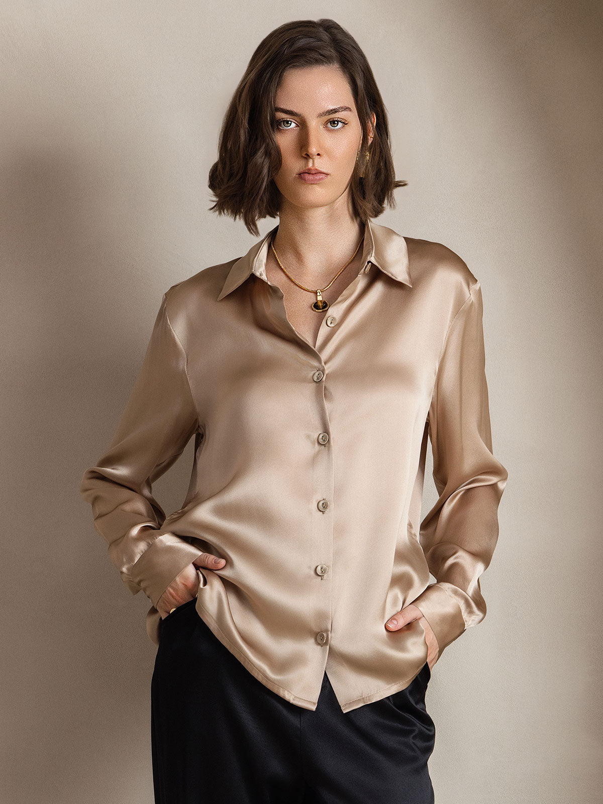 [Champagne] SilkSilky-CA 19Momme Stretch Silk Charmeuse Long Sleeve Lapel Collar Women's Shirt 001