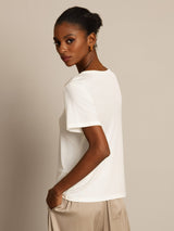 [White] SilkSilky-CA 100% Silk Jersey Short Sleeve Round Neck Women's T-Shirt 002