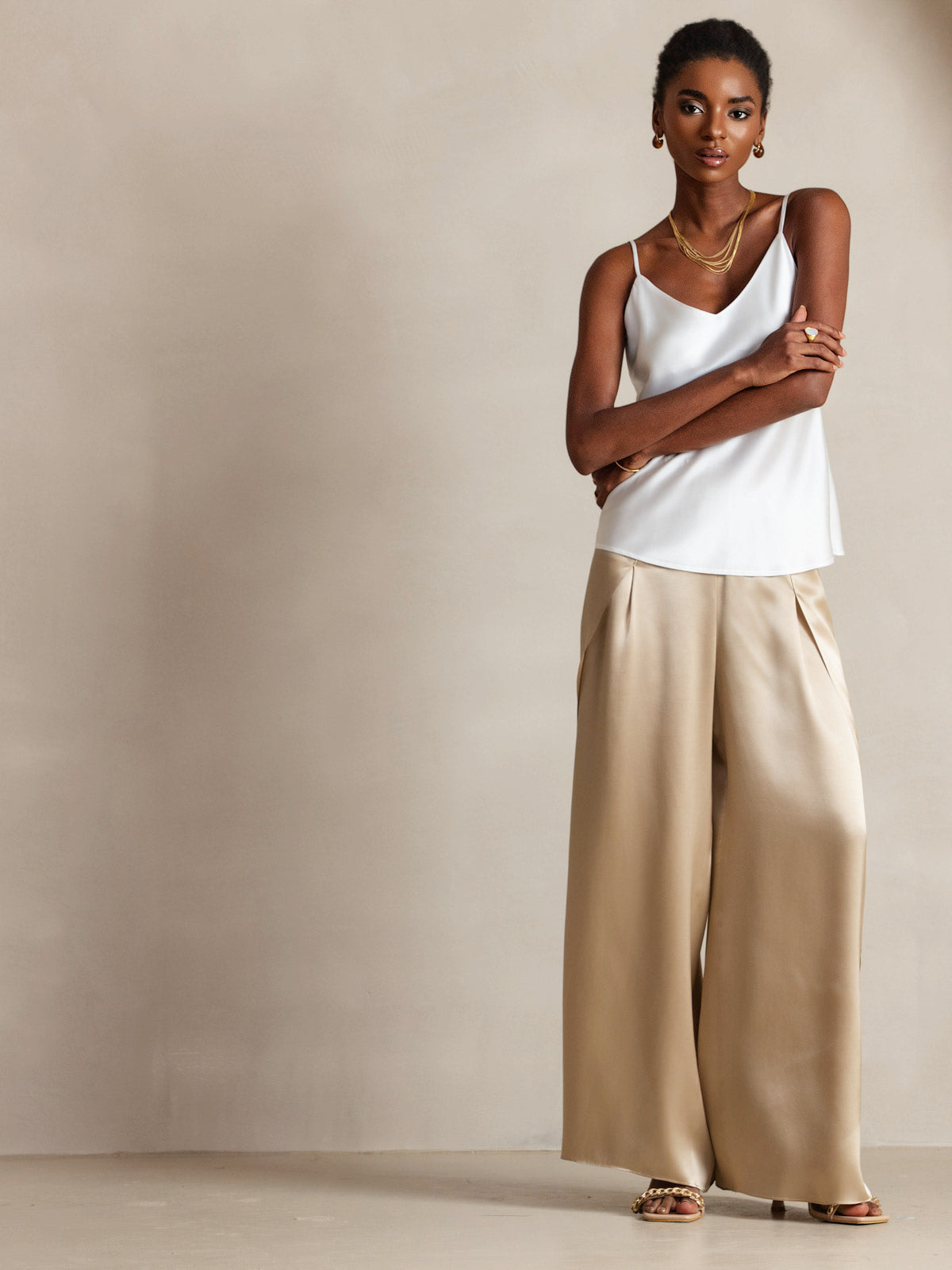 [White] SilkSilky-CA Pure Silk Sleeveless V Neck Camisole 006