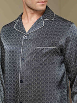 [Navy Ginkgo] SilkSilky-CA 19Momme Long Sleeve Notch Collar Men's Pajamas 017