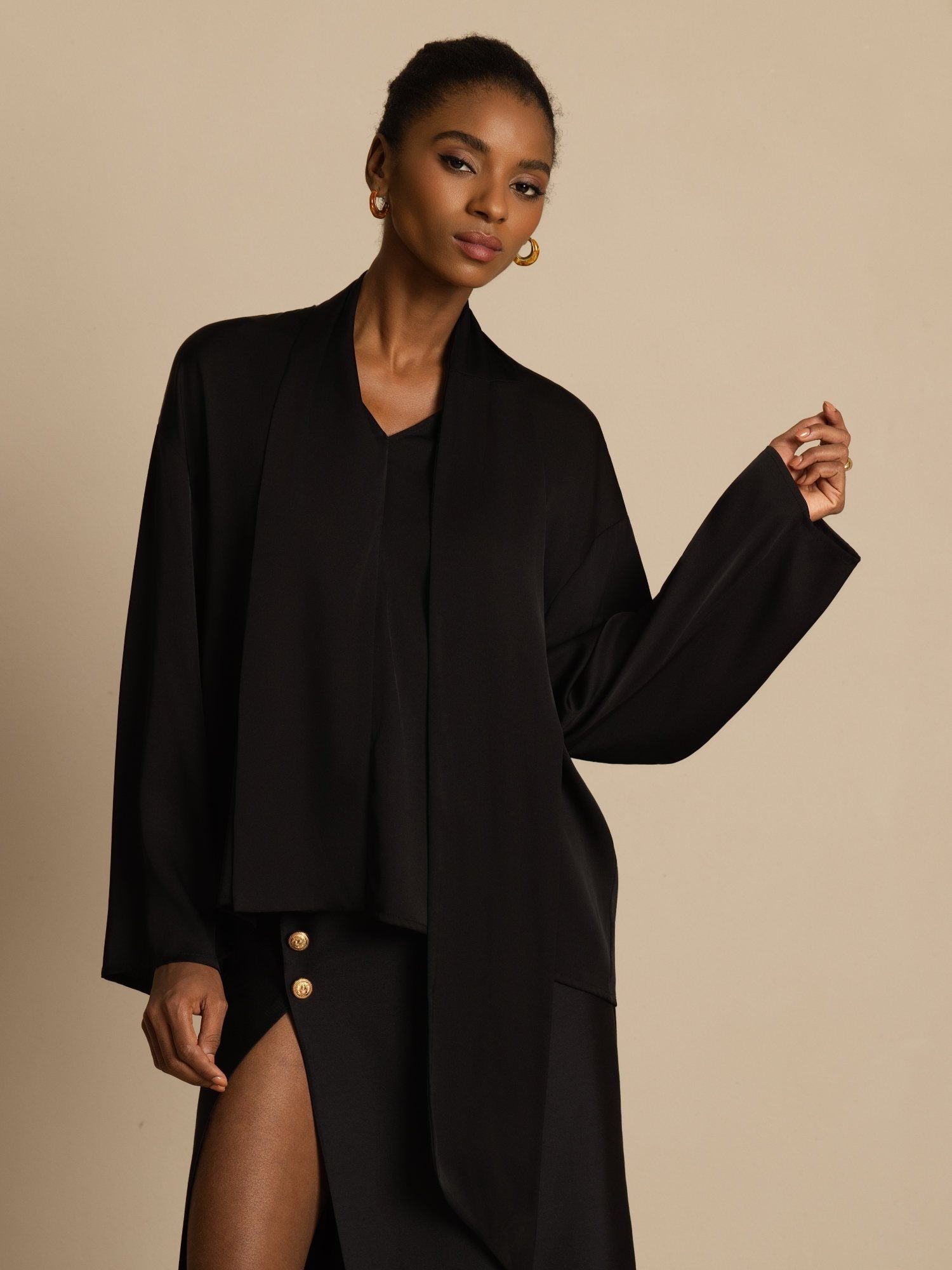 [Black] SilkSilky-CA 19Momme Stretch Silk Double Georgette Long Sleeve V Neck Blouse 004