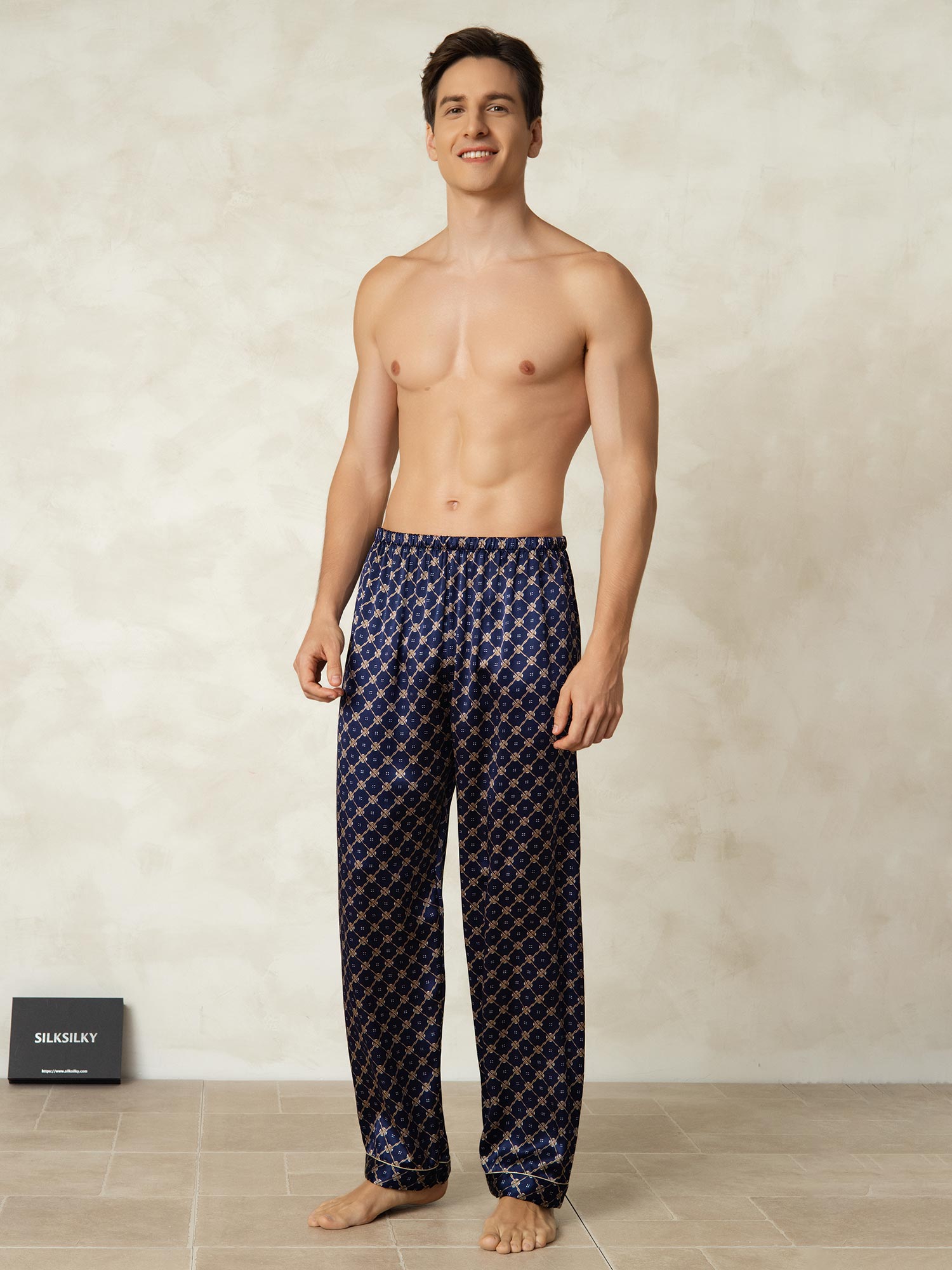 [Navy Chain] SilkSilky-CA Pure Silk Mens Sleep Bottoms 004