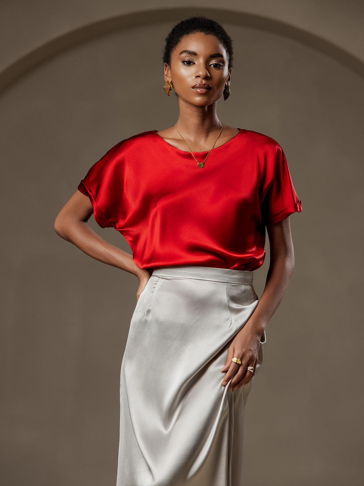 [Wine] SilkSilky-CA 19Momme Silk Round Neck Women's T-Shirt 003,