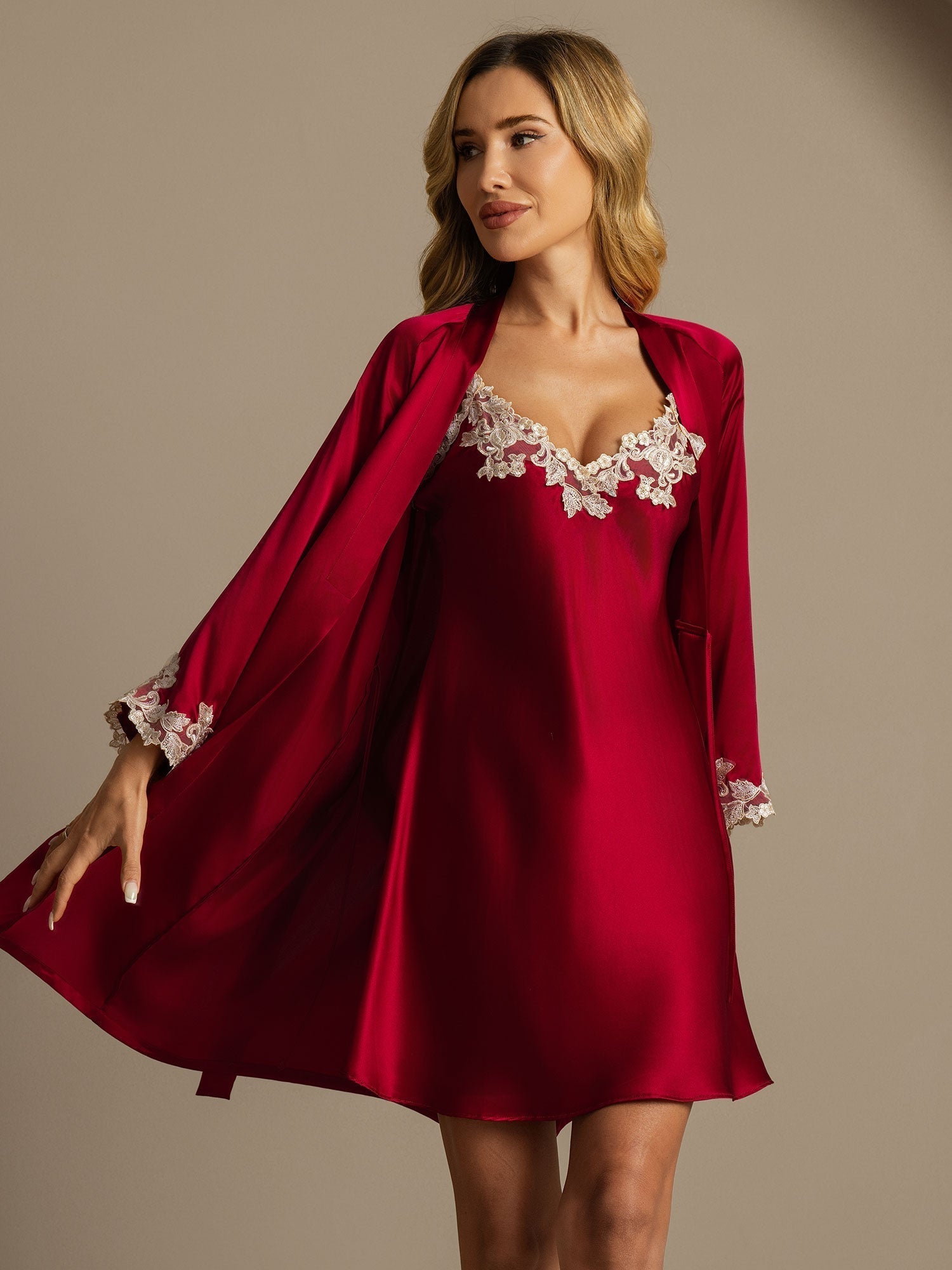 [Wine] SilkSilky-CA 3/4 Sleeve V Neck Nightgown&Robe Set 001