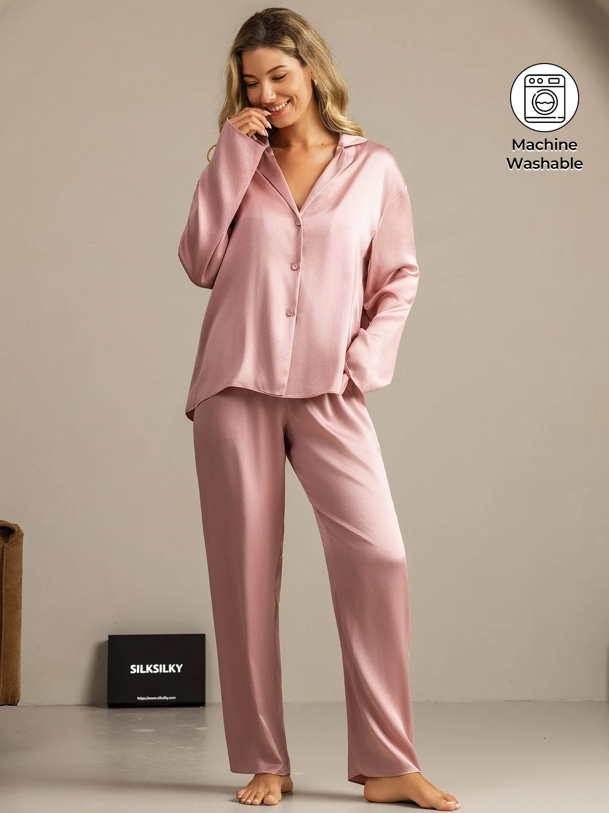 [Peach Skin] SilkSilky-CA 19Momme Machine-Washable Silk Notched Neck Women's Pajamas 001