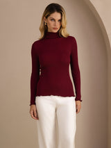 [Wine] SilkSilky-CA Long Sleeve Turtle Neck Women's T-Shirt 001