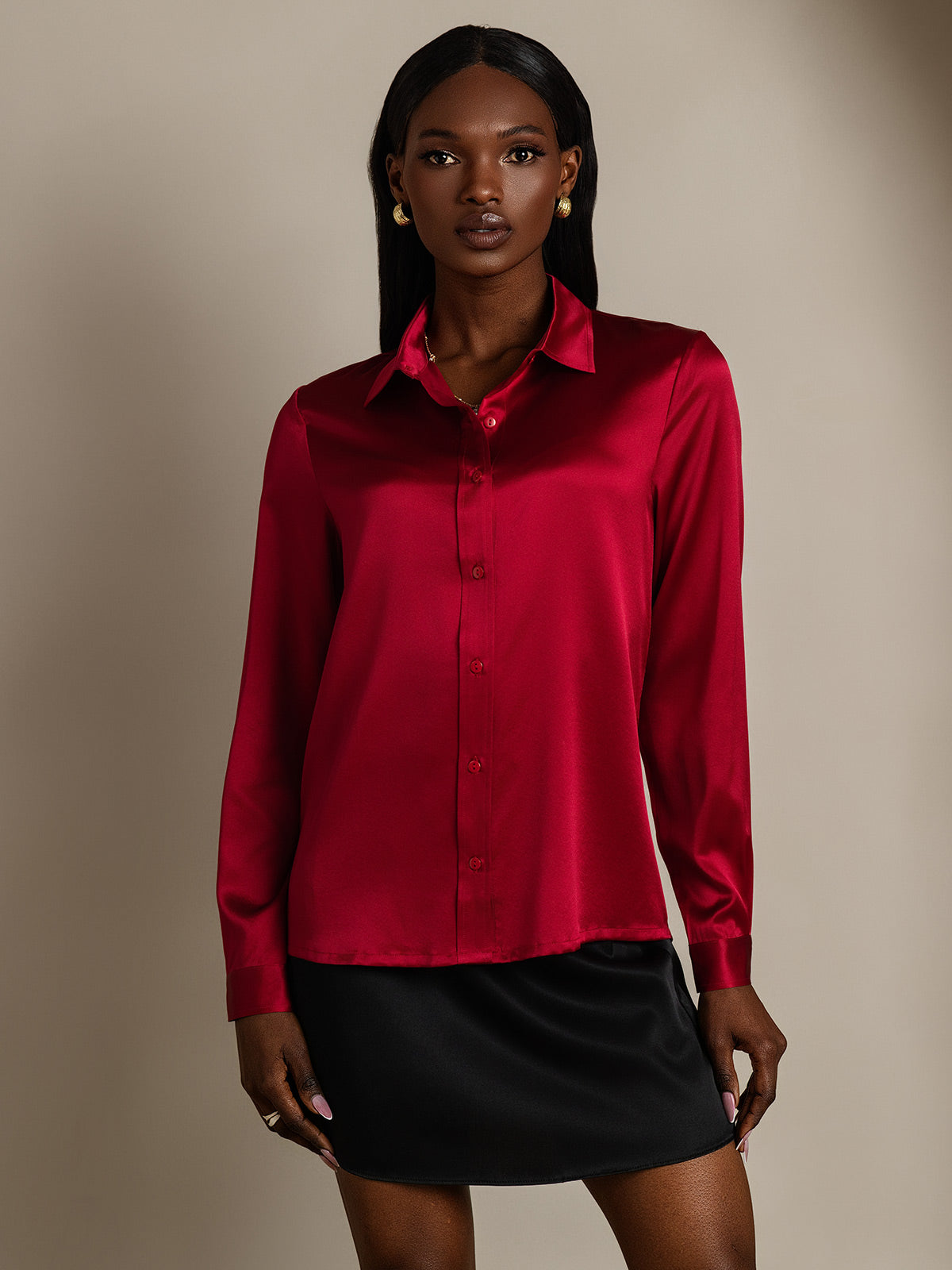 SilkSilky-CA 19Momme Silk Long Sleeve Collar Women's Shirt Wine 003