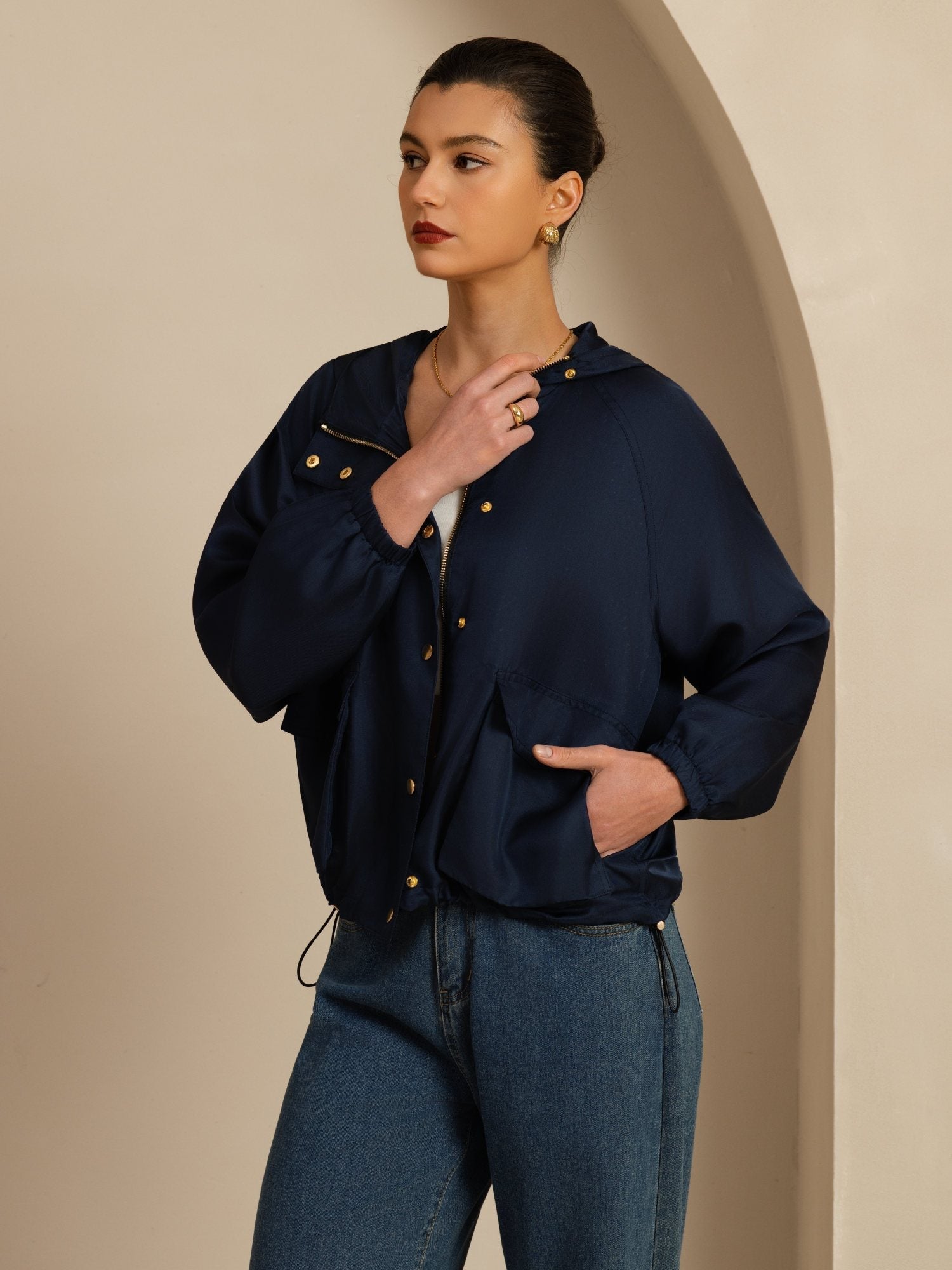 [DarkBlue] SilkSilky-CA Silk Satin Surah Long Sleeve High Neck Women's Outerwear 005