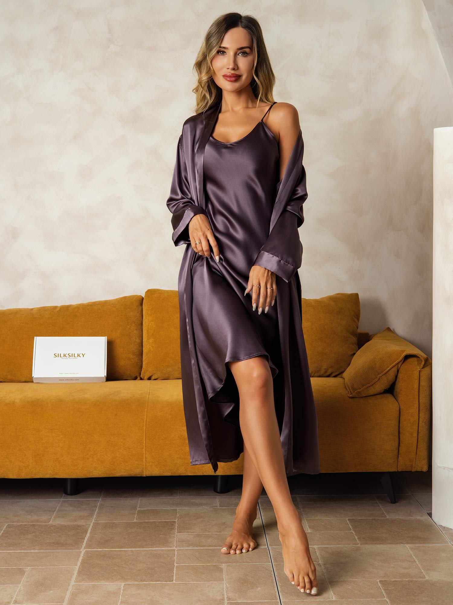 [PurpleGray] SilkSilky-CA Pure Silk V Neck Nightgown&Robe Set 005