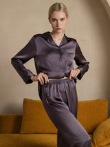 [Purple Gray] SilkSilky-CA Long Sleeve Lapel Collar Women's Pajamas 004