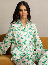 [Green Floral] SilkSilky-CA Pure Silk Notch Collar Women's Pajamas 001,