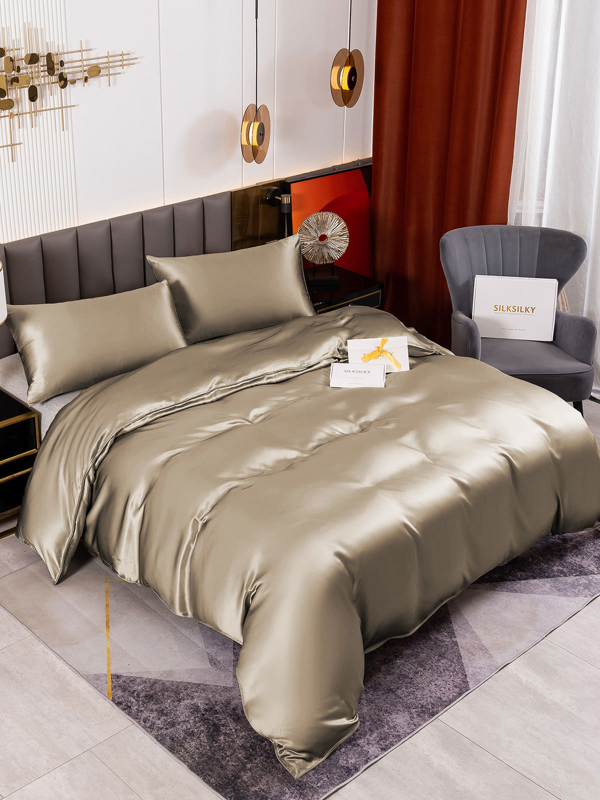 [Khaki] SilkSilky-CA 19Momme Pure Silk Bedding Set 001