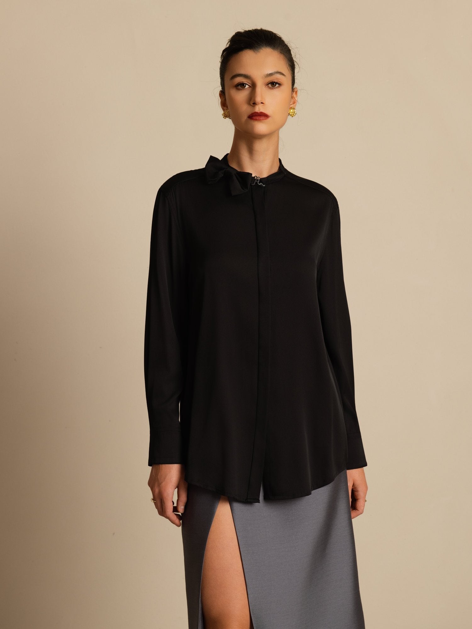 [Black] SilkSilky-CA 19Momme Stretch Silk Double Georgette Long Sleeve Collar Blouse 001