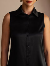 [Black] SilkSilky-CA Sleeveless Lapel Collar Women's Shirt 004