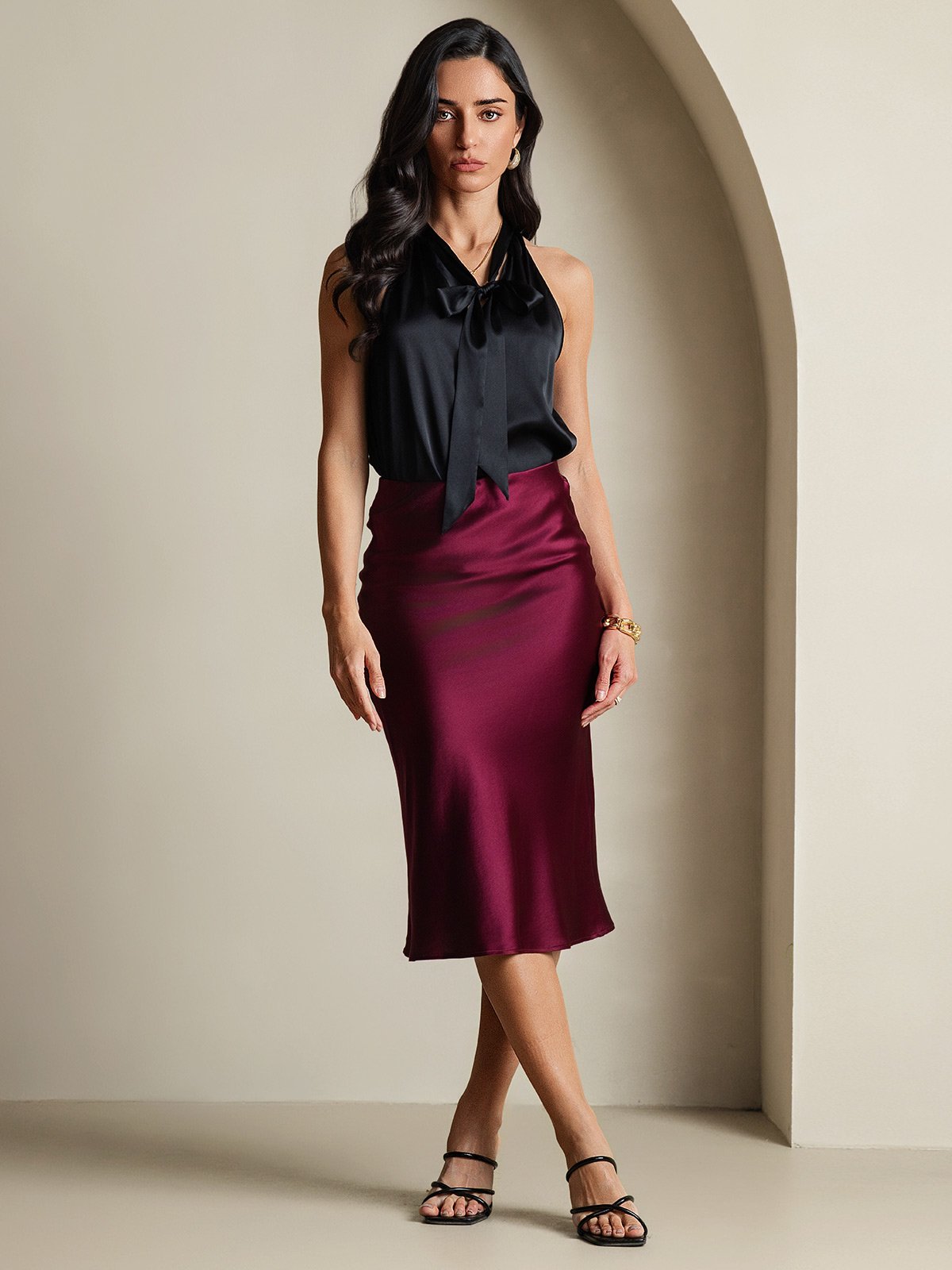 SilkSilky-CA 19Momme Silk Sleeveless Tie Neck Women's Shirt Black 006