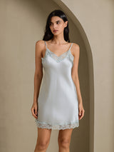 [Grayish Blue] SilkSilky-CA Spaghetti Strap V Neck Nightgown 006