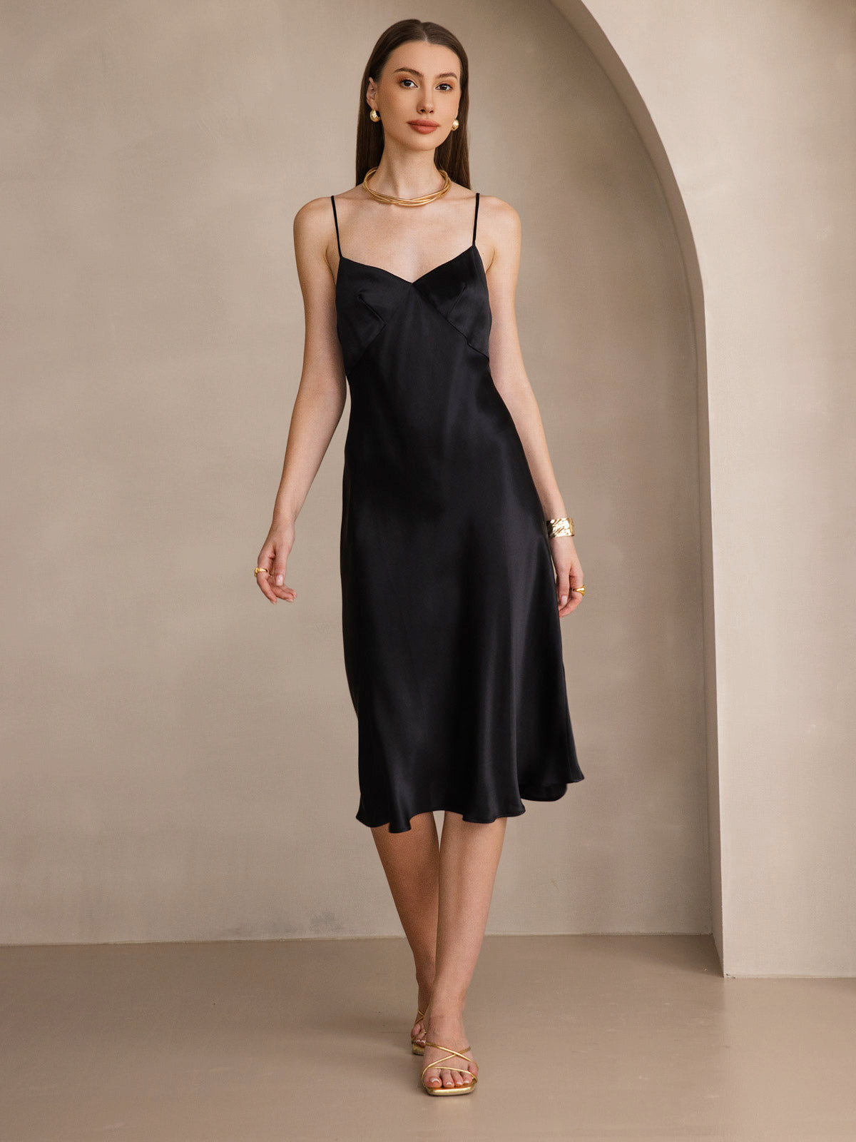 [Black] SilkSilky-CA 19Momme Pure Silk V Neck Dress 001