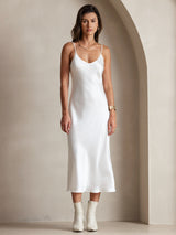 [White] SilkSilky-CA Spaghetti Strap V Neck Dress 001