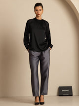 [Black] SilkSilky-CA 19Momme Stretch Silk Charmeuse Long Sleeve Round Neck Blouse 008