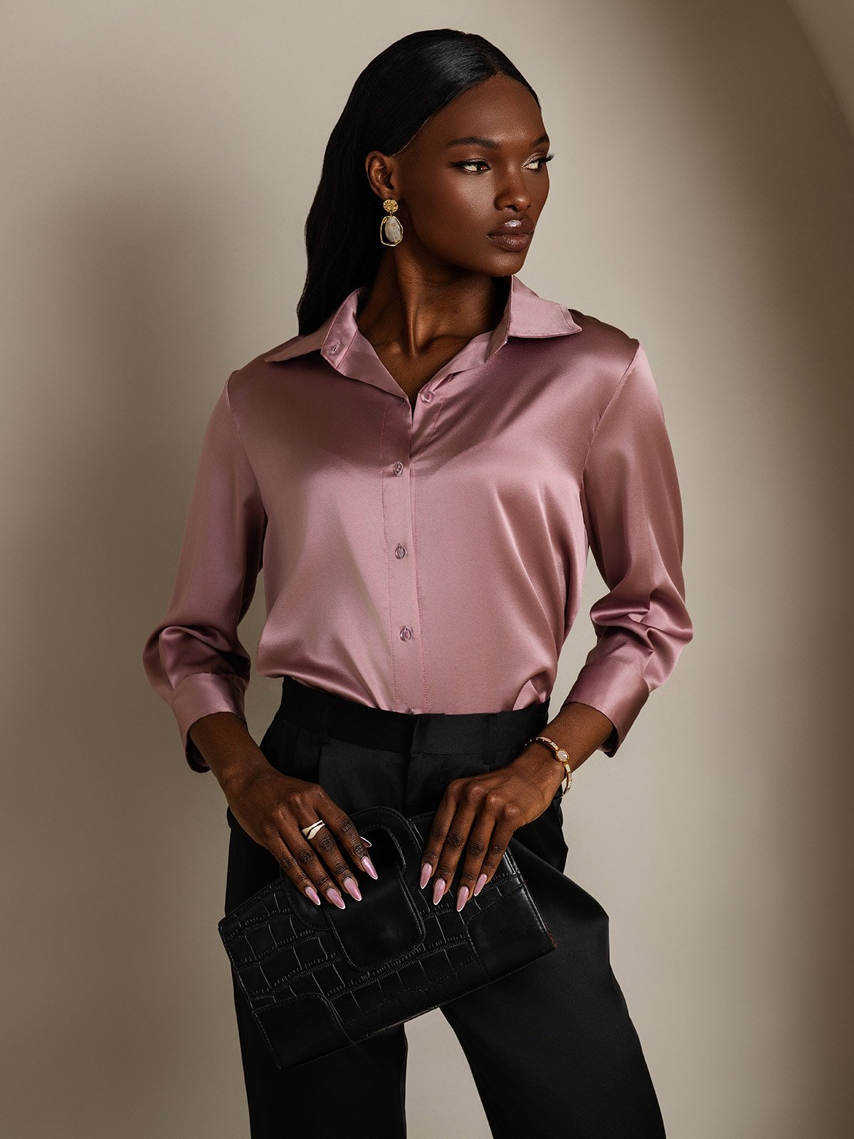 SilkSilky-CA 19Momme Silk Long Sleeve Lapel Women's Shirt PaleMauve 005