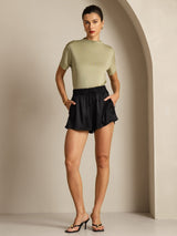 [Dried Herb] SilkSilky-CA 100% Silk Jersey Short Sleeve Mock Neck Women's T-Shirt 006