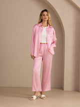 [Pink Pinstripe] SilkSilky-CA Long Sleeve Lapel Collar Women's Outfit Sets 007