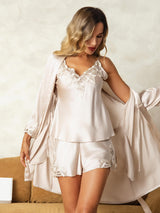 [Beige] SilkSilky-CA Pure Silk Spaghetti Strap V Neck Women's Pajamas 001