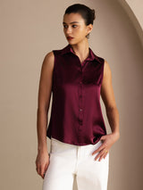 [Dark Red] SilkSilky-CA Sleeveless Lapel Collar Women's Shirt 003