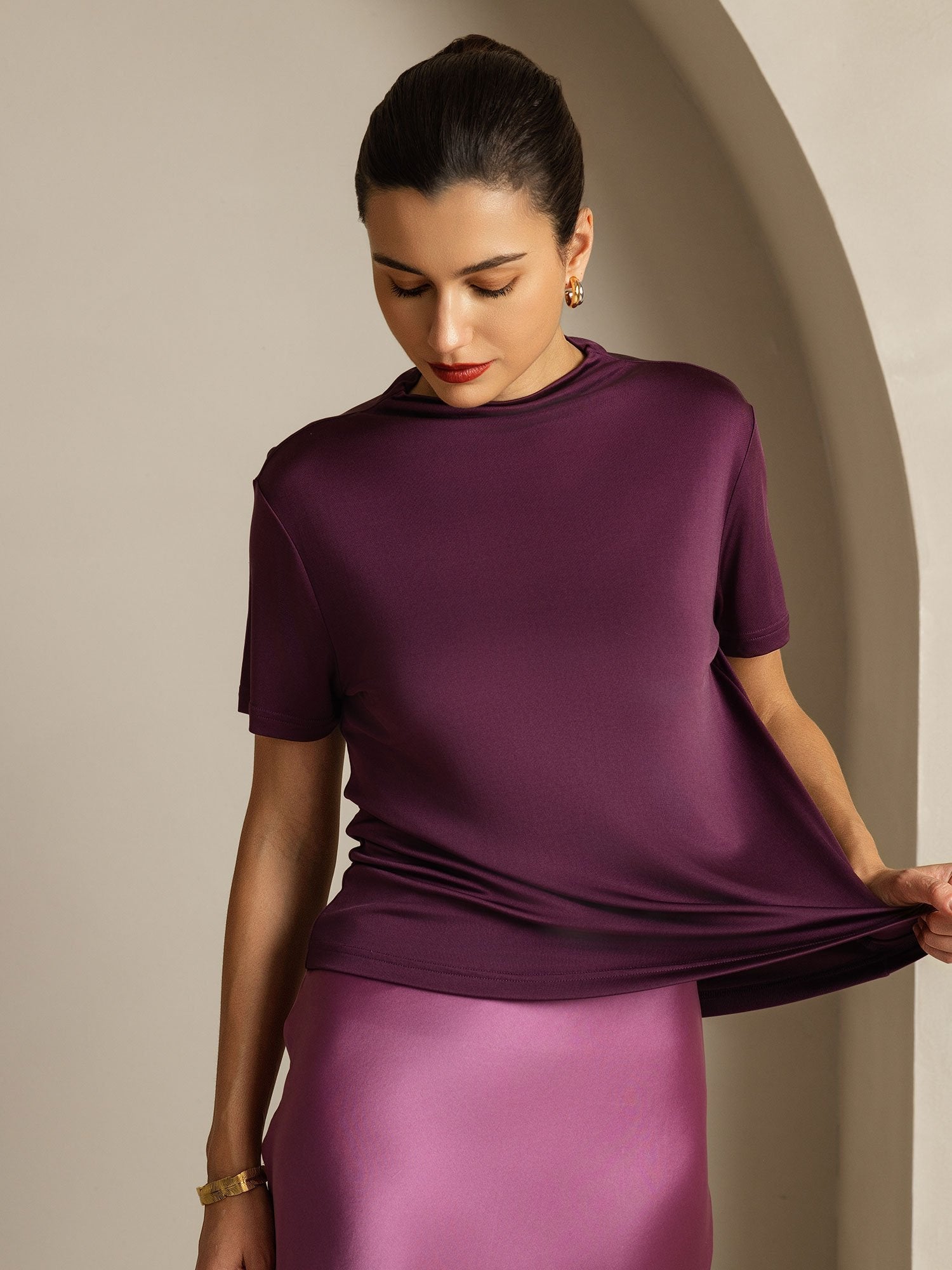 [Purple] SilkSilky-CA Pure Silk Collar Women's T-Shirt 003