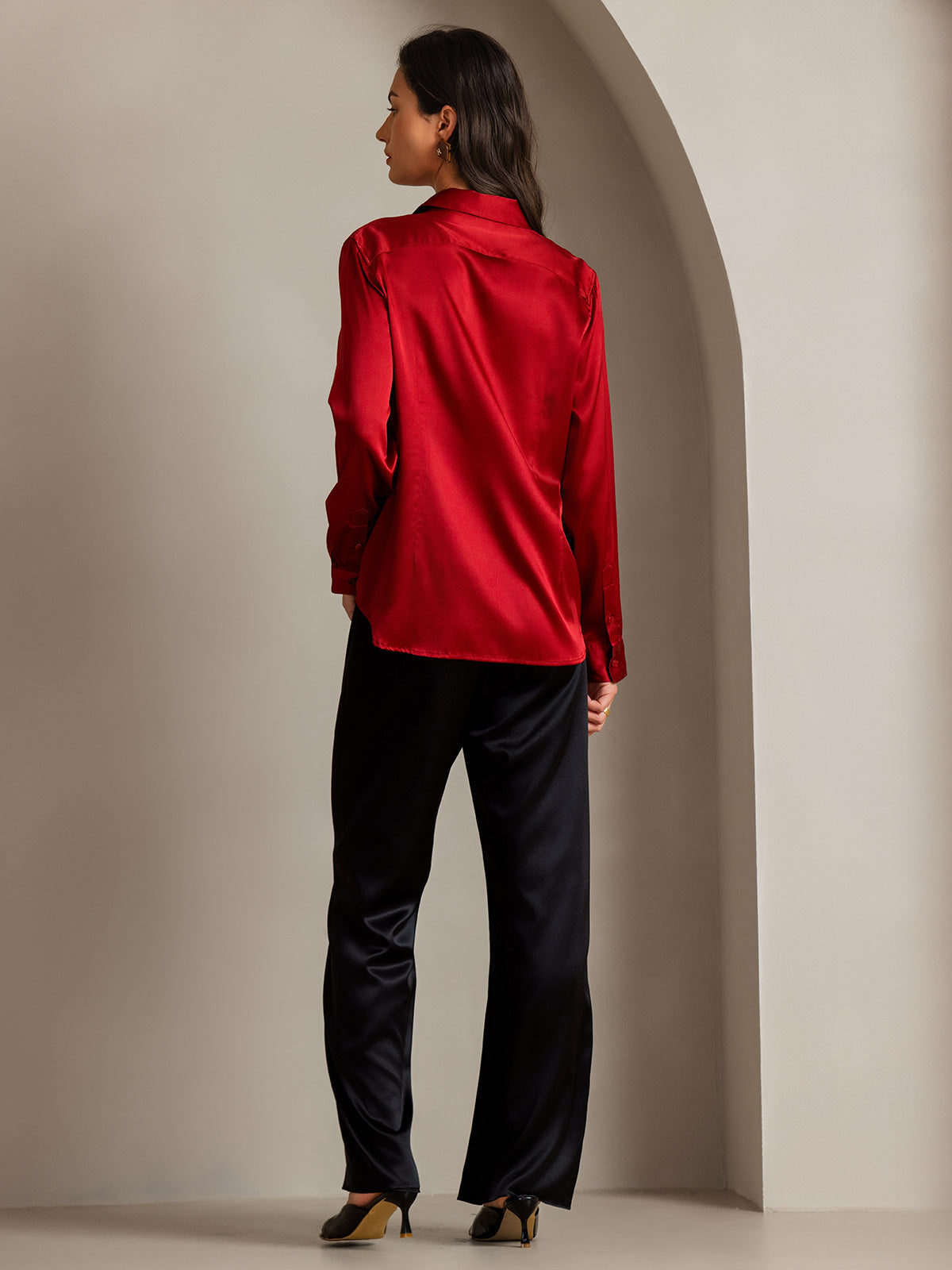 [Red] SilkSilky-CA Silk Long Sleeve Lapel Collar Women's Shirt 002