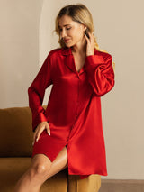 [Red] SilkSilky-CA Long Sleeve Lapel Collar Nightshirt 005