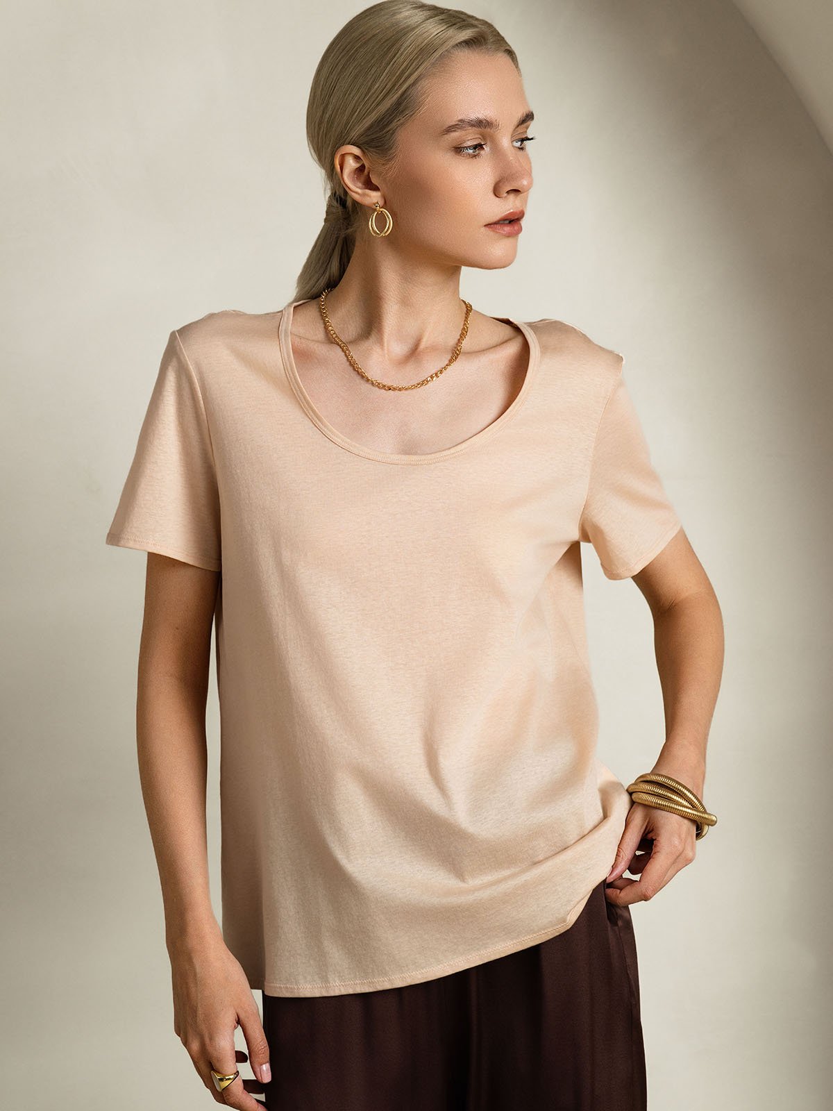 SilkSilky-CA Silk Short Sleeve U Neck Women's T-Shirt Beige 003