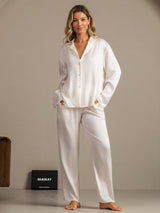 [White] SilkSilky-CA 19Momme Machine-Washable Silk Long Sleeve Notch Collar Women's Pajamas 008