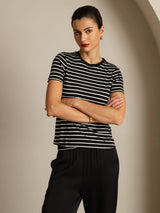 [Black Stripe] SilkSilky-CA Short Sleeve Crew Neck Women's T-Shirt 005