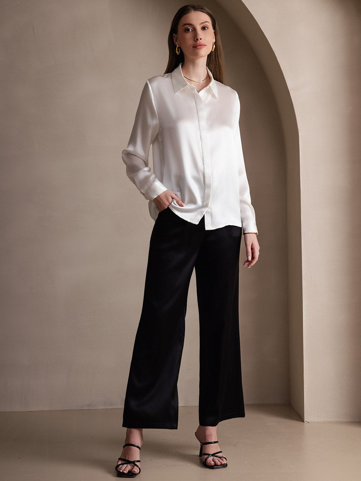 [White] SilkSilky-CA 19Momme Silk Long Sleeve Lapel Collar Women's Shirt 007