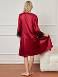 SilkSilky CA Pure Silk 3/4 Sleeve Nightgown&Robe Set DarkRed 003