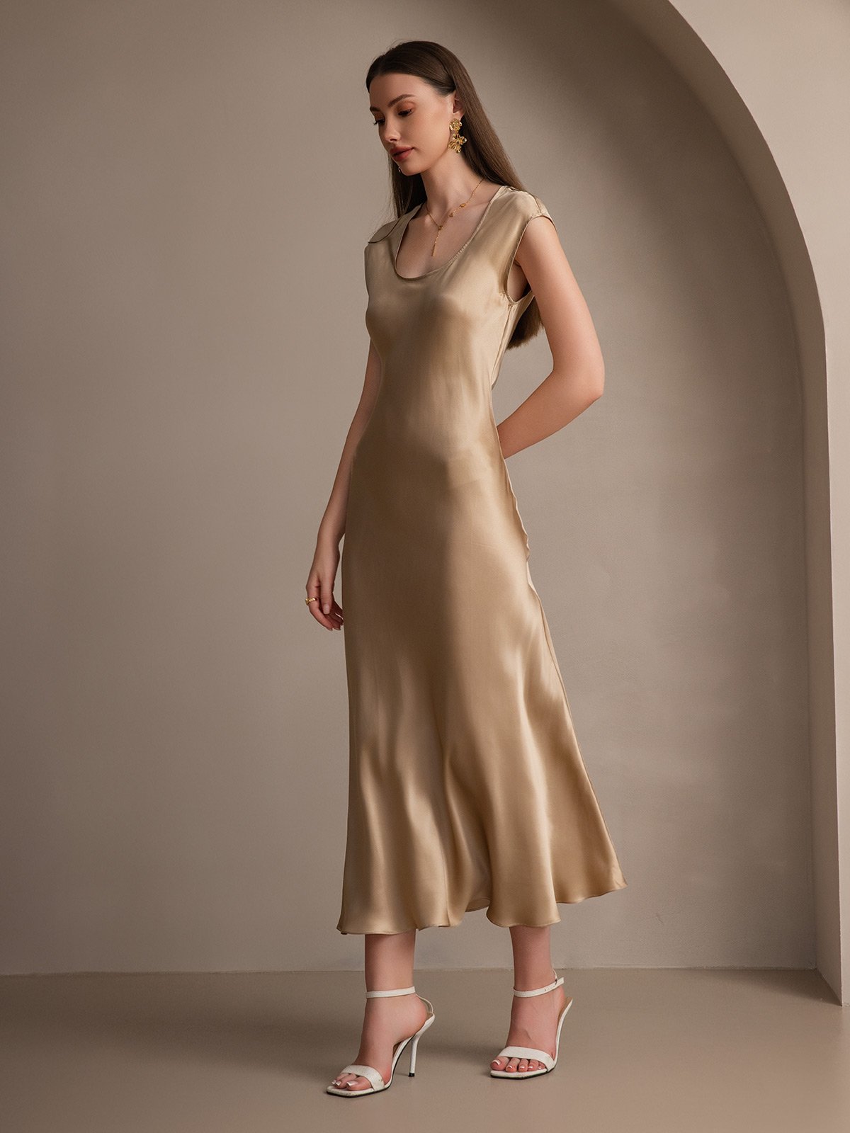 [Champagne] SilkSilky-CA 19Momme Silk Cap Sleeve Round Neck Dress 005
