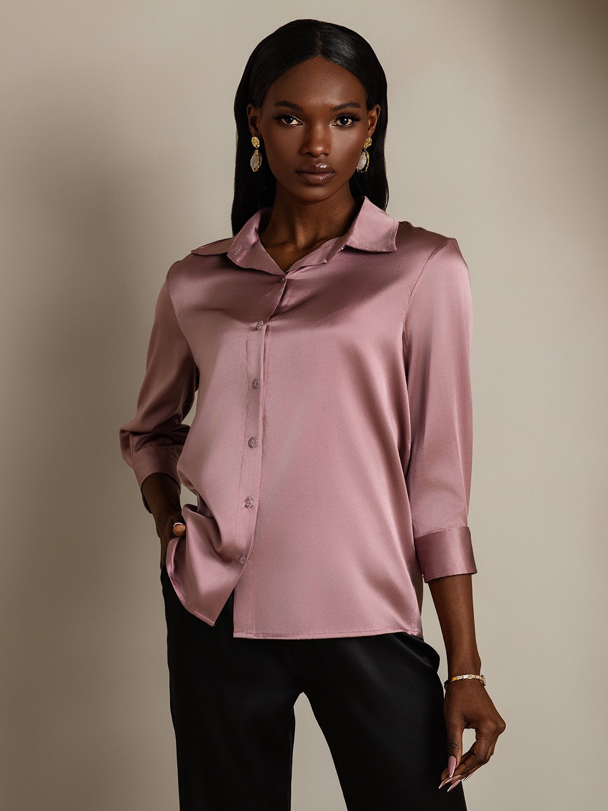 [Pale Mauve] SilkSilky-CA 19Momme Stretch Silk Charmeuse 3/4 Sleeve Lapel Collar Women's Shirt 004
