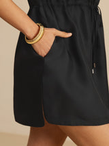 [Black] SilkSilky-CA 18Momme Silk Satin Surah Cap Sleeve Henley Neck Dress 005