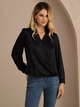 [Black] SilkSilky-CA Long Sleeve Wrap Women's Blouse 001