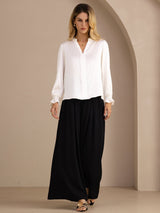 [White] SilkSilky-CA Long Sleeve Split Women's Blouse 007