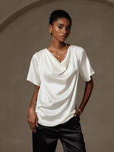 [White] SilkSilky-CA Short Sleeve Cowl Neck Women's Blouse 003