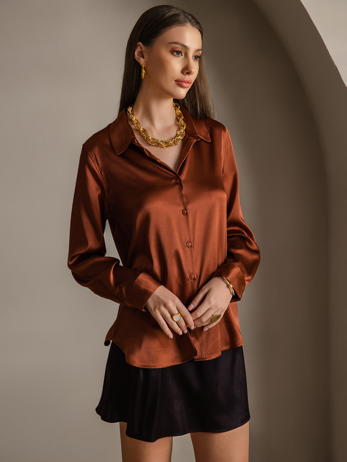 [Caramel] SilkSilky-CA 19Momme Stretch Silk Charmeuse Long Sleeve Lapel Collar Women's Shirt 003