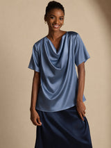 [Real Teal] SilkSilky-CA Short Sleeve Cowl Neck Women's Blouse 001