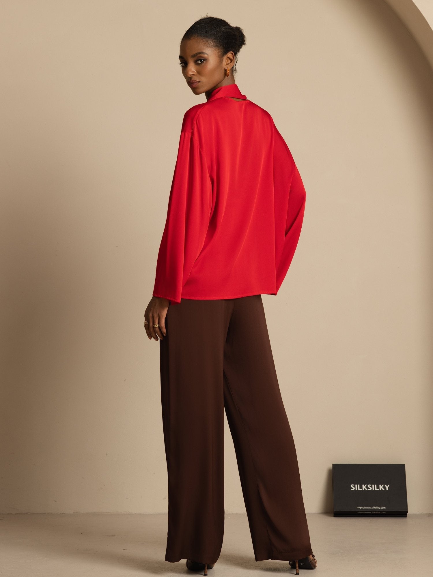 [Wine] SilkSilky-CA 19Momme Stretch Silk Double Georgette Long Sleeve V Neck Blouse 007