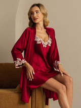 [Wine] SilkSilky-CA 3/4 Sleeve V Neck Nightgown&Robe Set 007