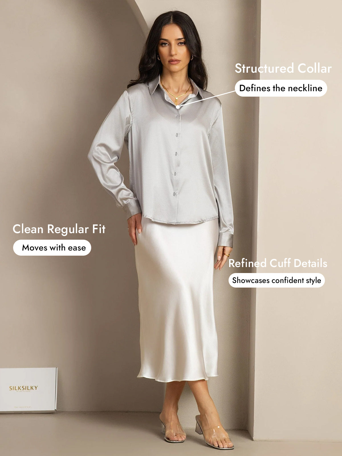 [Light Gray] SilkSilky-CA Silk Long Sleeve Lapel Collar Women's Shirt 005