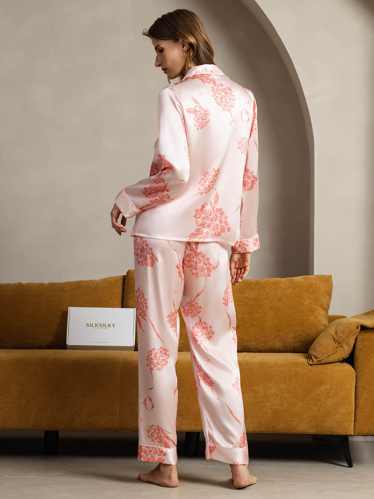 [Coral Floral] SilkSilky-CA Pure Silk Womens Pajamas 002
