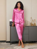 SilkSilky-CA Pure Silk Long Sleeve Lapel Women's Pajamas RoseRed 001